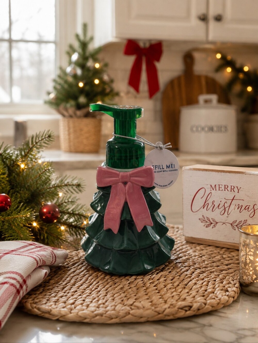 Bath & Body Works Glass Christmas Tree Soap Dispenser with Pink Bow
